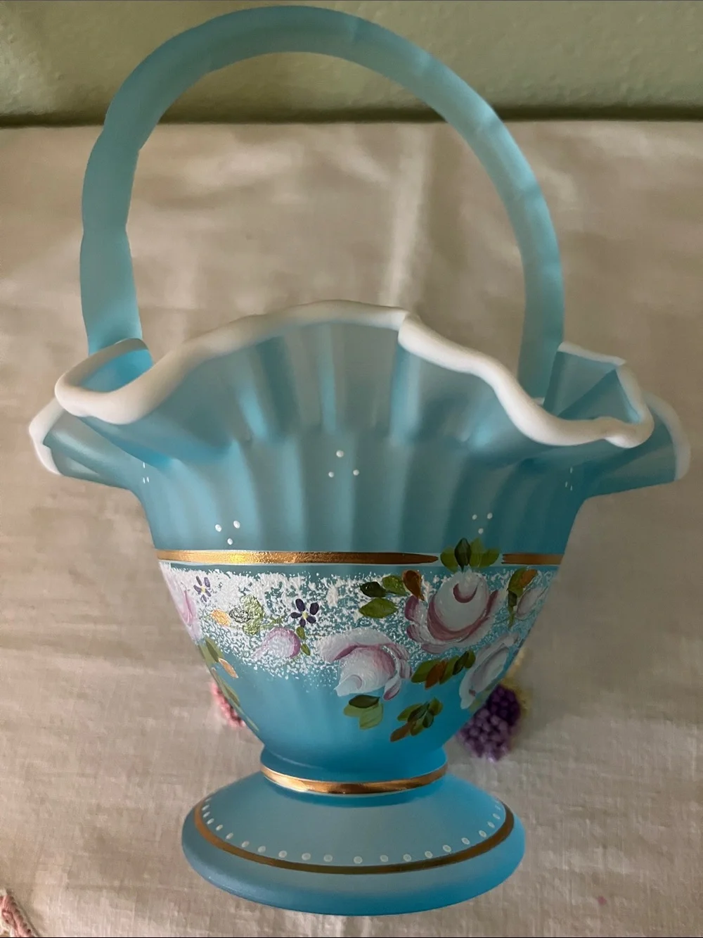 Fenton Charleton Collection 2002 Blue Satin Floral Basket Bill Fenton Signed